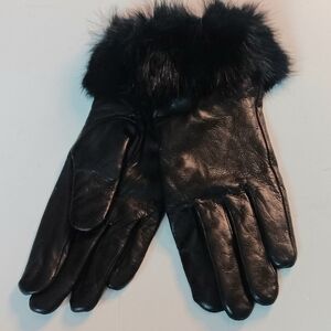 WOMEN'S 11" LONG FUR CUFF LEATHER,  GLOVES , BLACK,SIZE XL¹